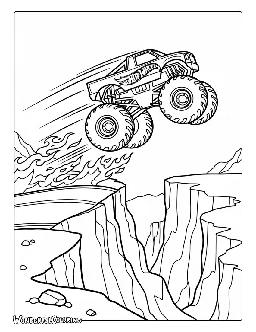 Hot Wheels monster truck canyon jump flames track coloring page