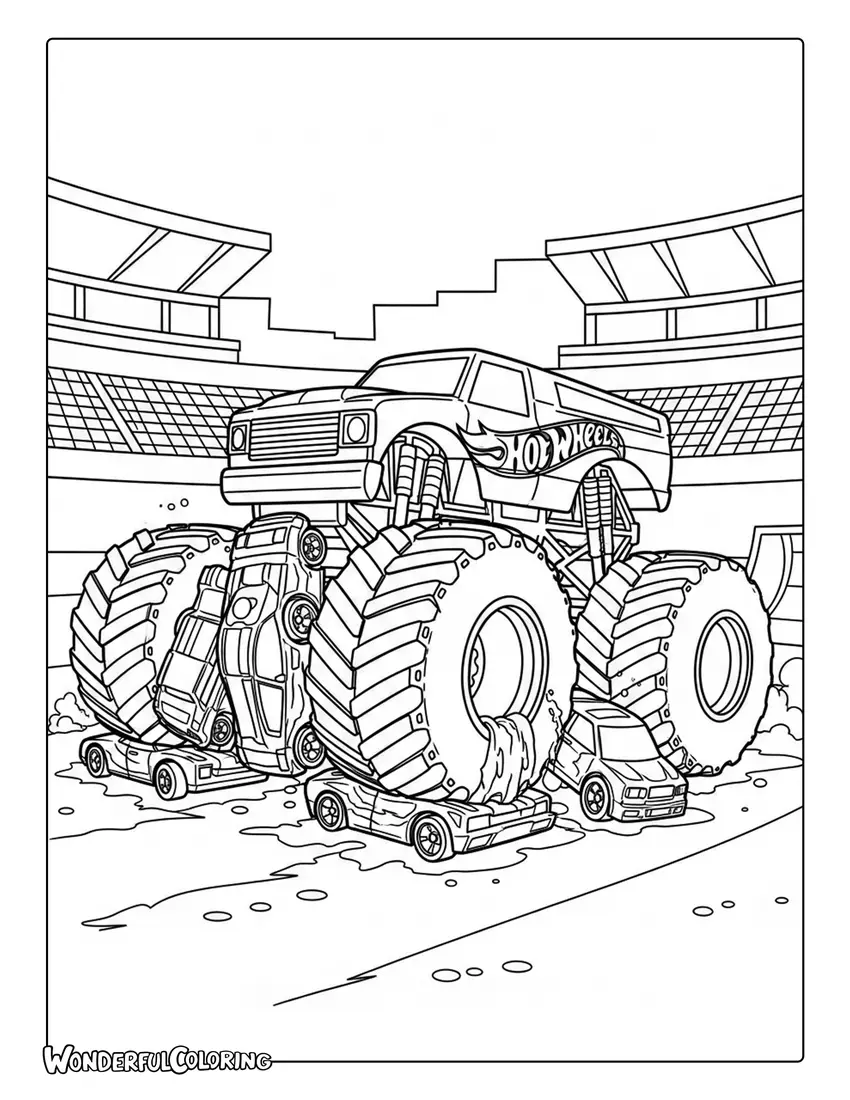 Hot Wheels monster truck crushing cars stadium arena coloring page