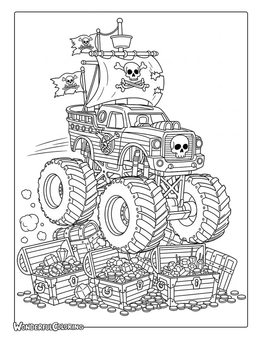 Hot Wheels pirate monster truck skull flags treasure coloring page