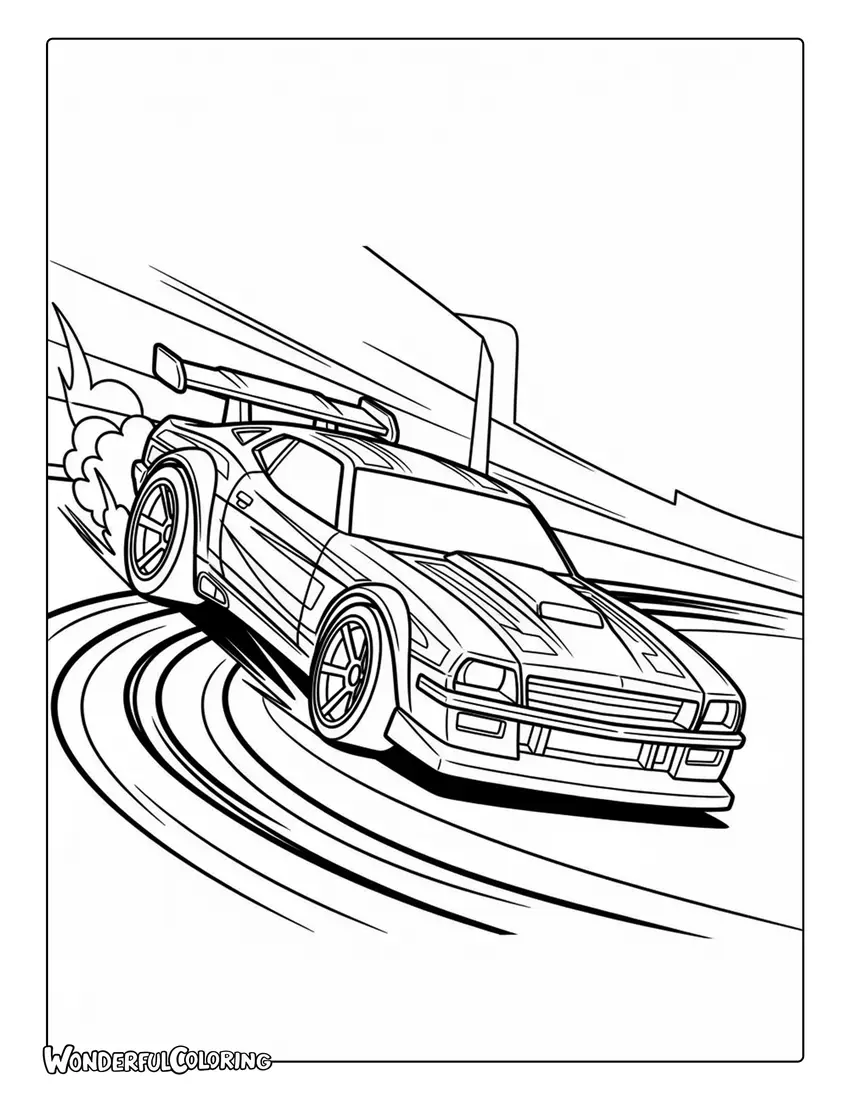 Hot Wheels race car drifting sharp corner tire marks coloring page