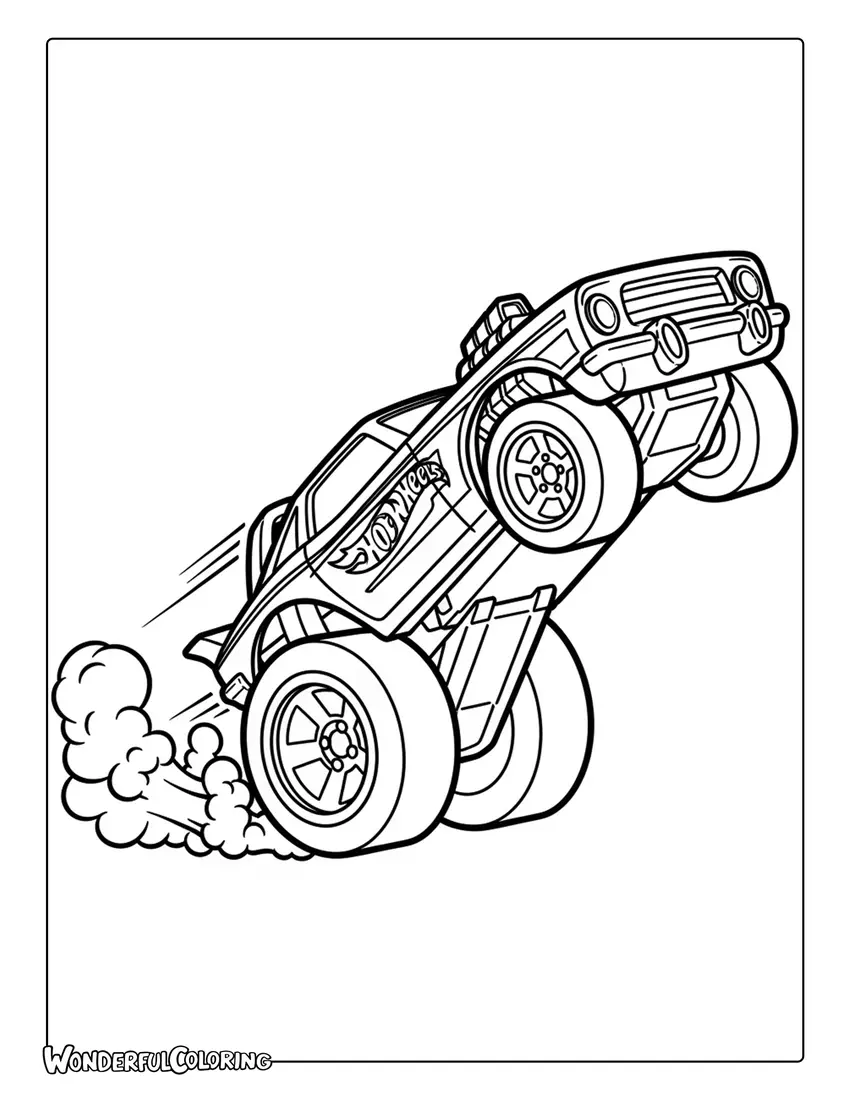 Hot Wheels Rodger Dodger muscle car wheelie smoke coloring page