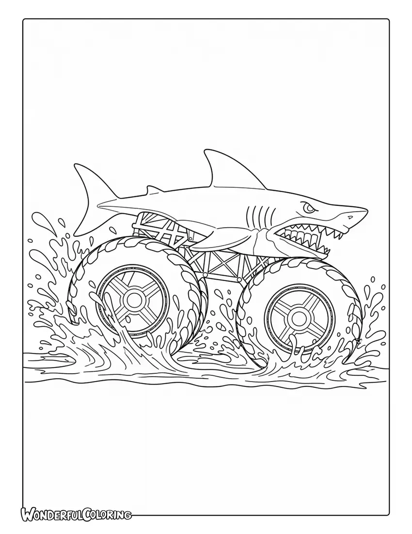Hot Wheels shark themed monster truck water waves coloring page