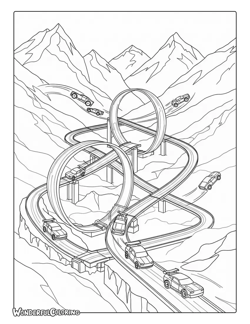 Hot Wheels snowy mountain track cars icy loops coloring page