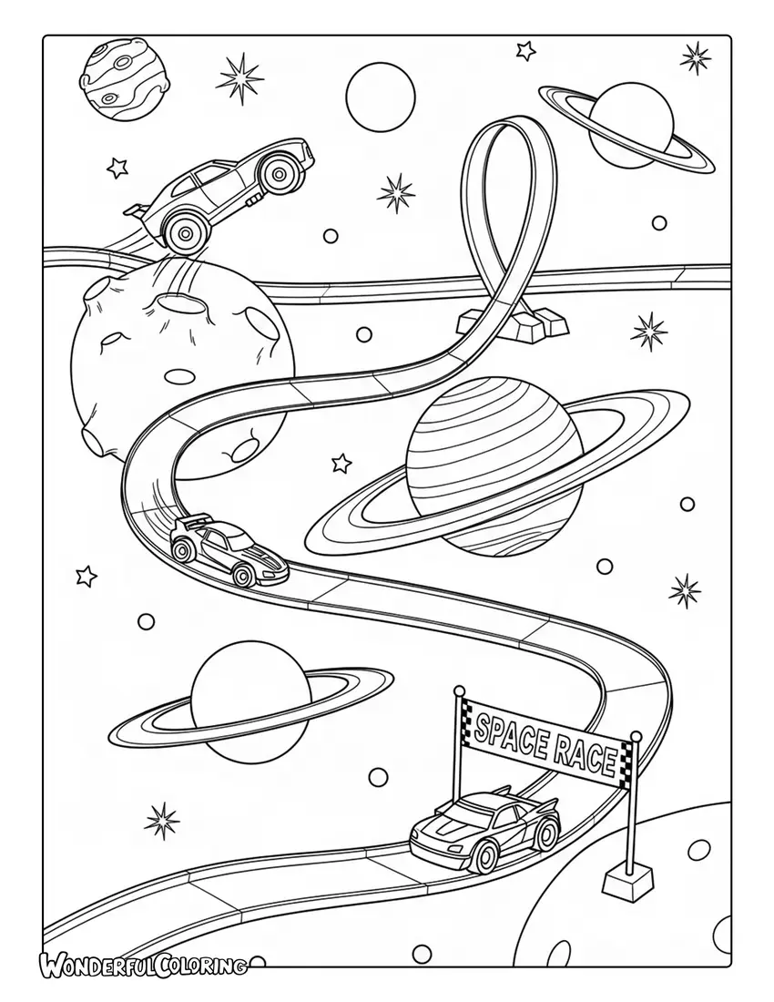 Hot Wheels space track cars planets stars coloring page