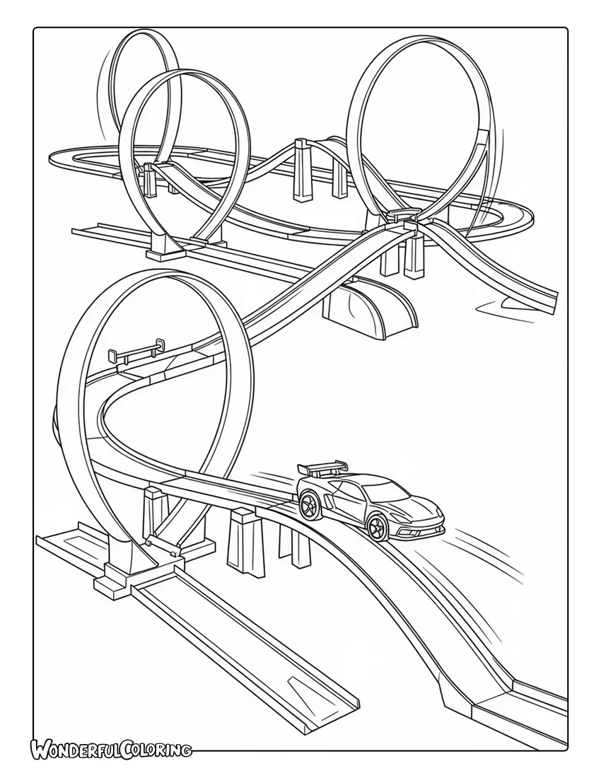Hot Wheels track set loops jumps sports car mid air coloring page