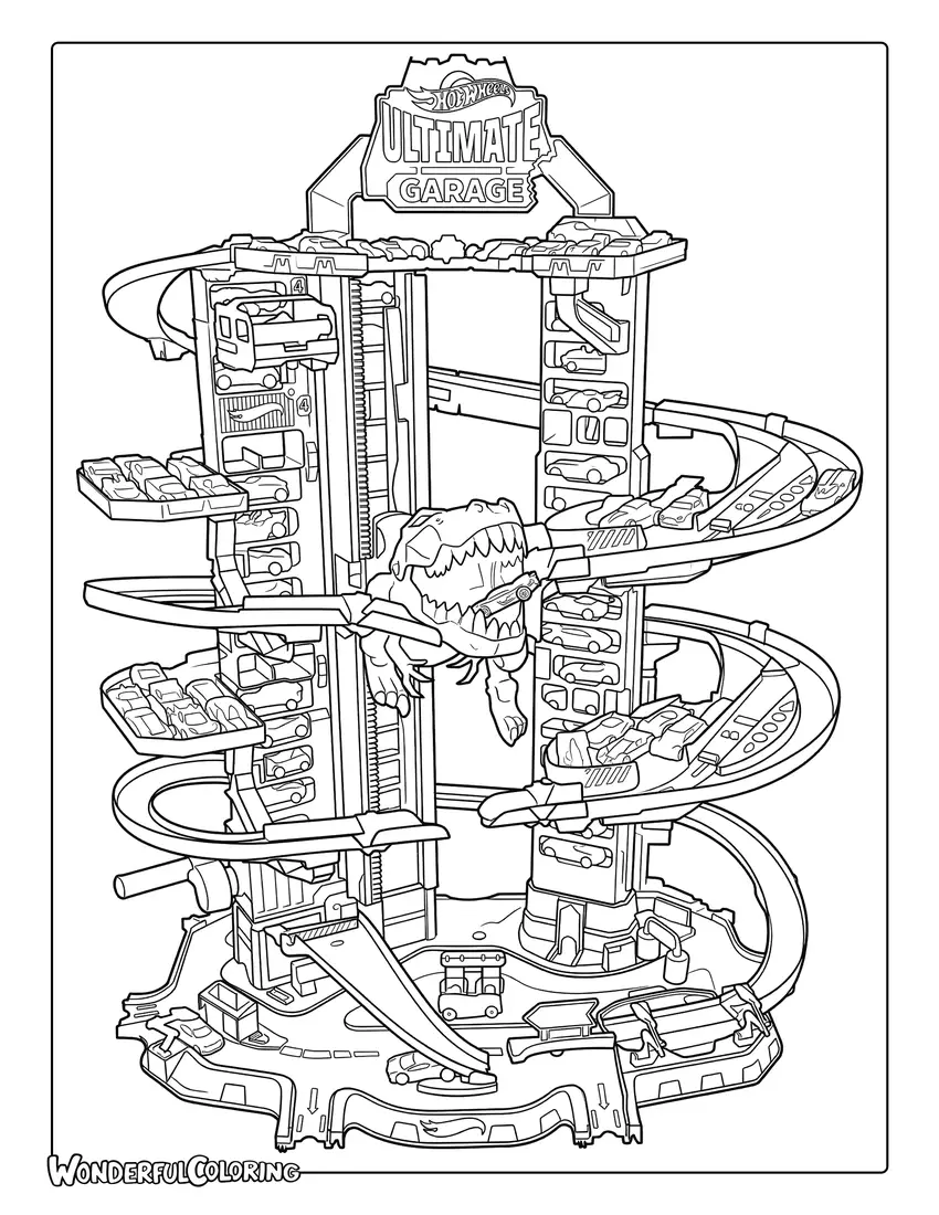 Hot Wheels Ultimate Garage with dinosaur head track coloring page