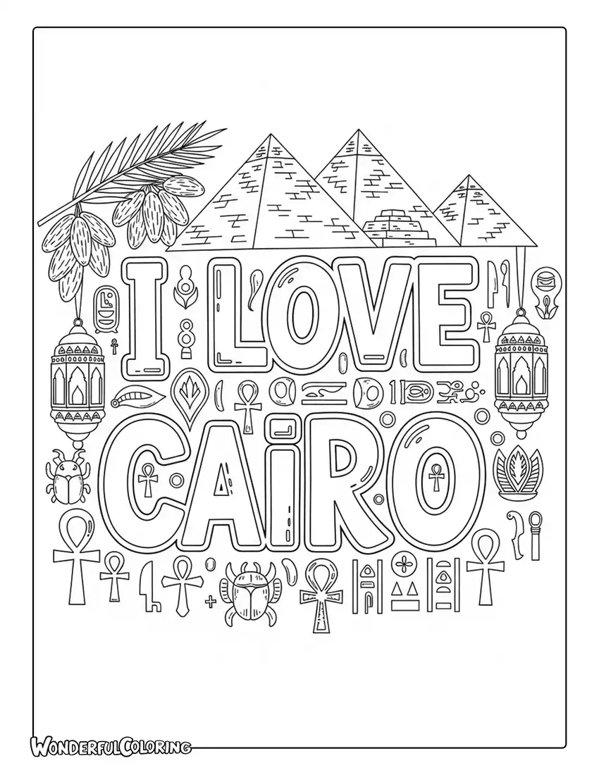 I Love Cairo typography coloring page with pyramids, lanterns, and Egyptian decorations