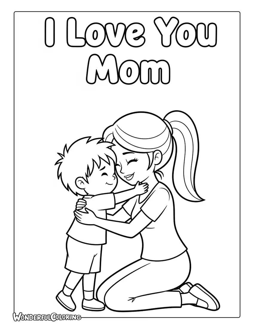 I love you mom hugging scene coloring page emotional mother child