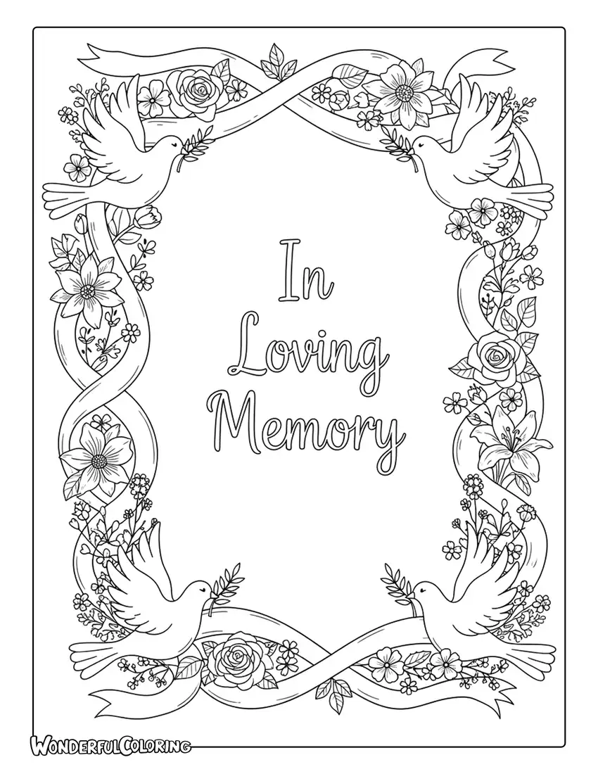 In Loving Memory Dove Flower Doodle Coloring Page