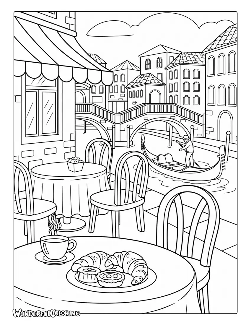 Italian cafe espresso pastries Venice coloring page with relaxing canal-side setting
