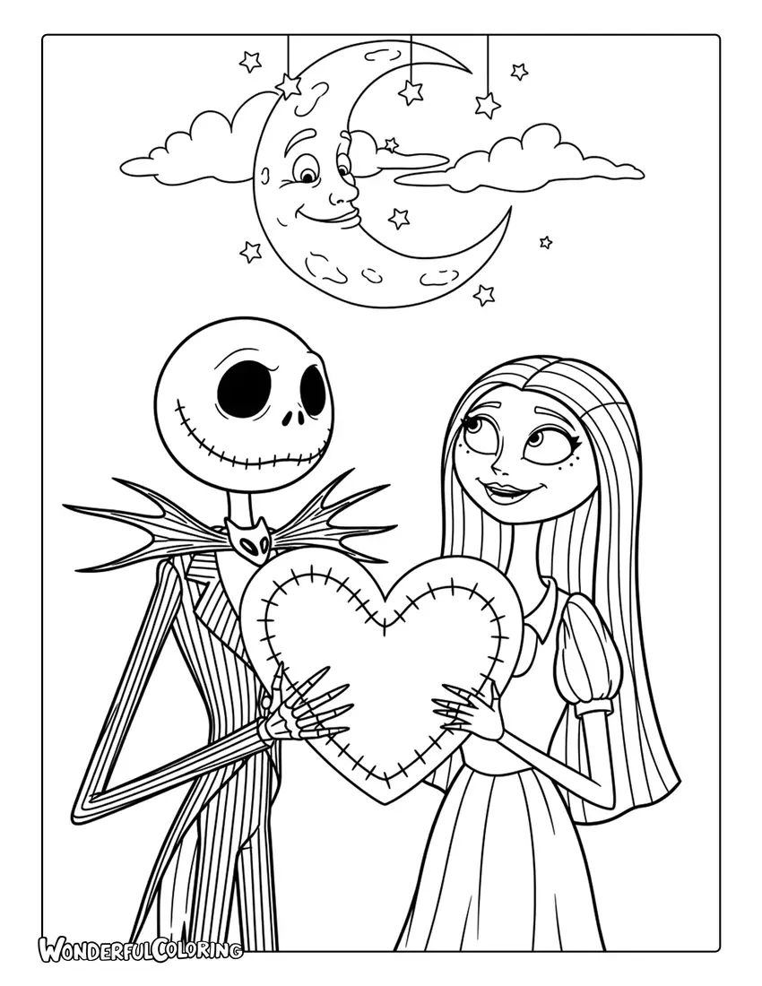 Jack Skellington and Sally stitched heart Valentine coloring page