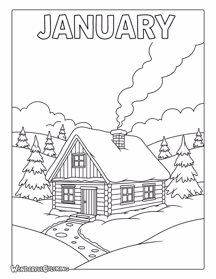 January countryside cabin coloring page with snowy trees, wooden house, and chimney smoke