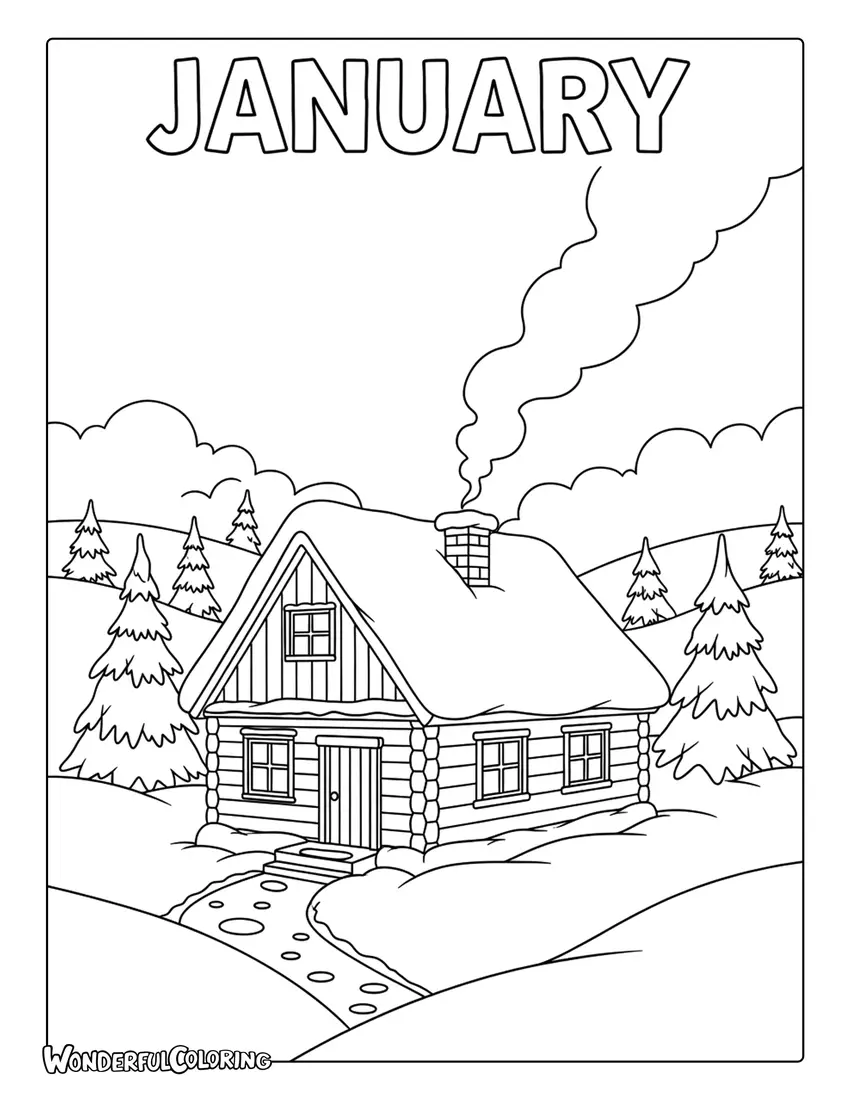 January countryside cabin coloring page with snowy trees, wooden house, and chimney smoke
