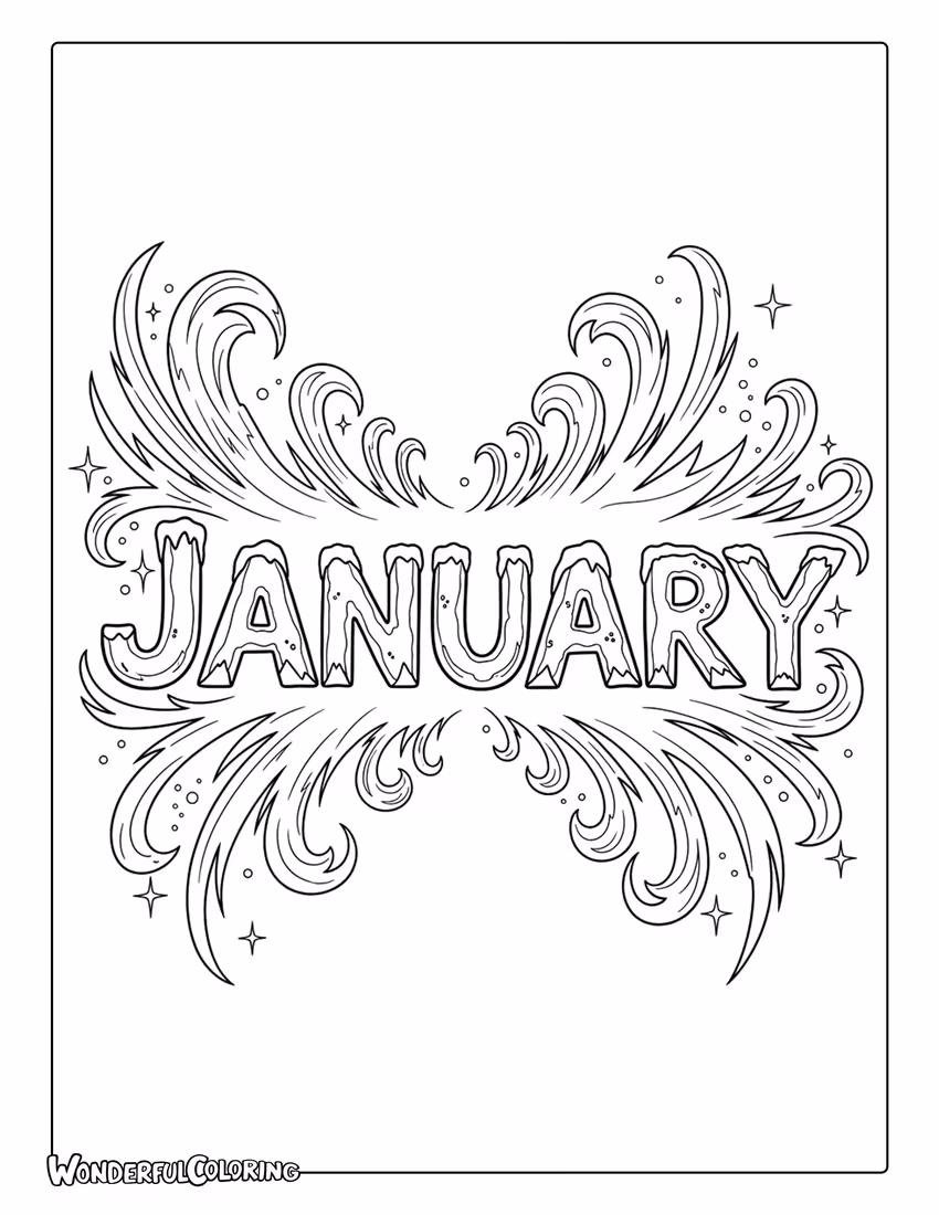 January Fantasy Icy Text Coloring Page