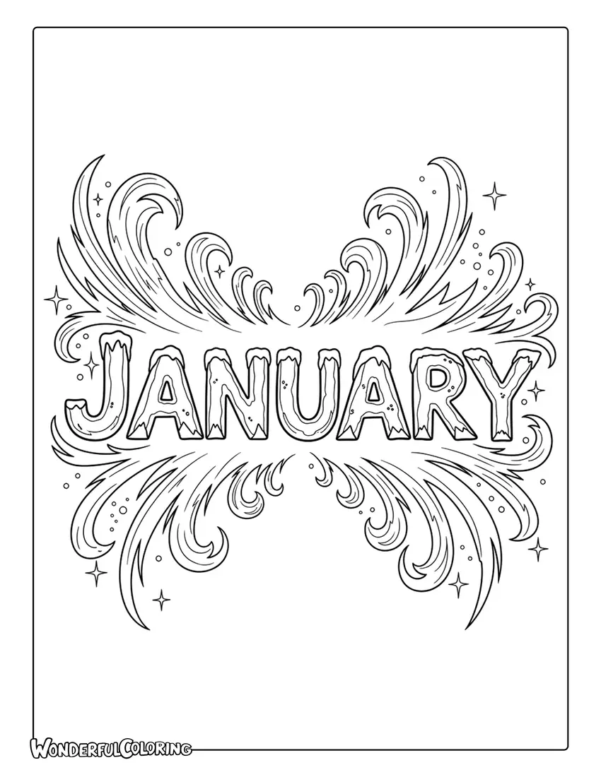 January Fantasy Icy Text Coloring Page