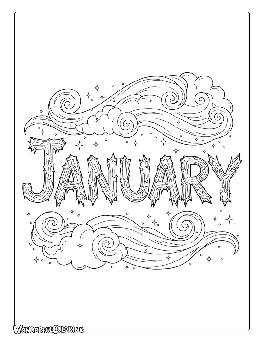 January Frost and Cloud Typography Coloring Page