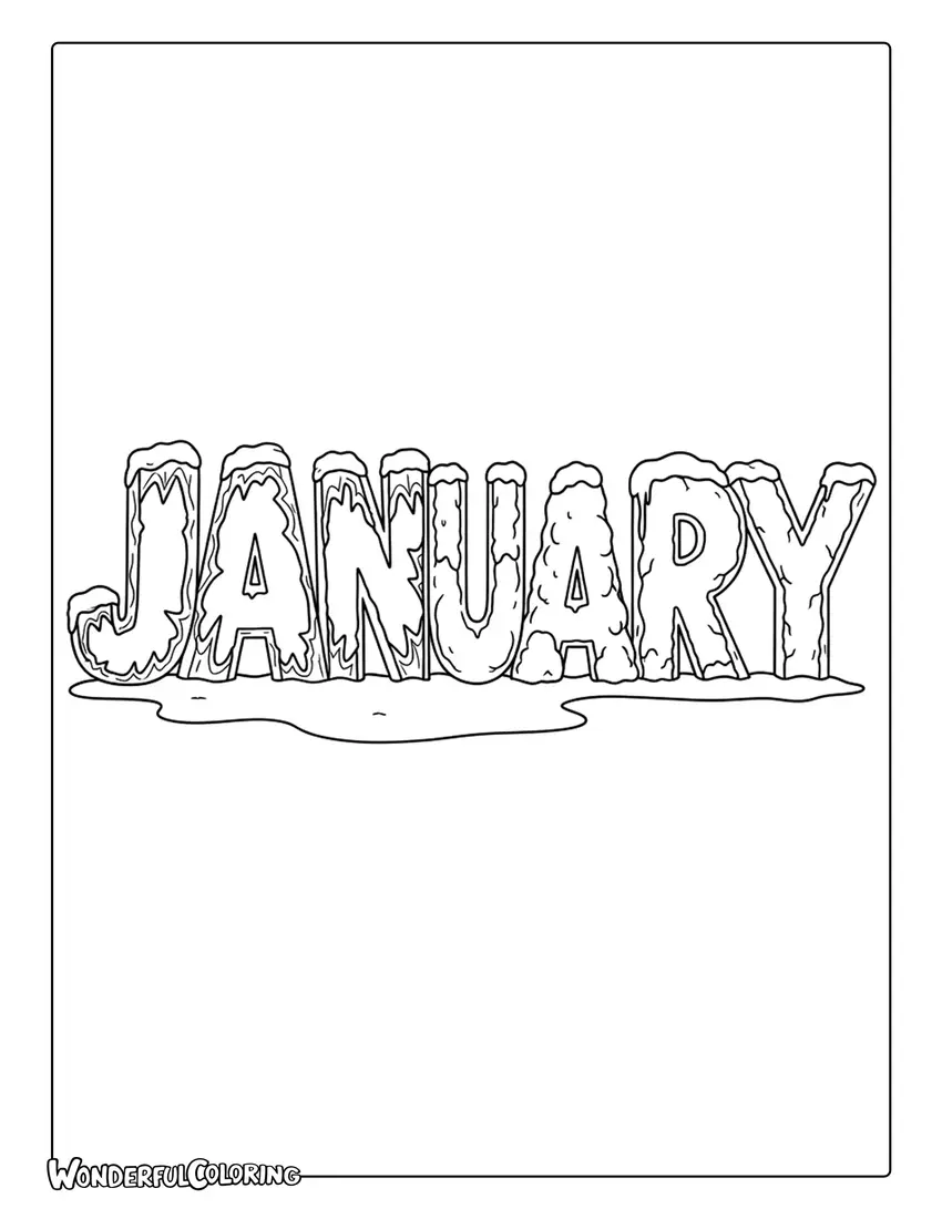 January ice text typography coloring page with frozen letters and snow textures