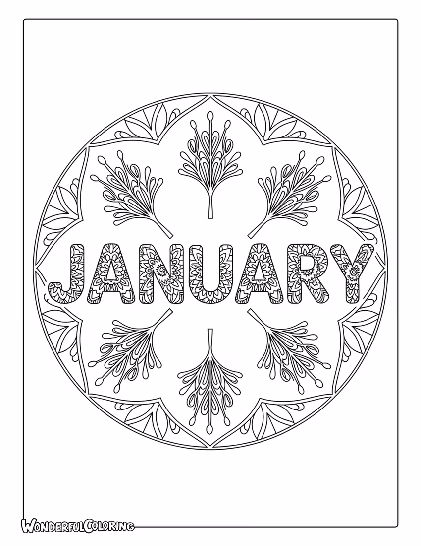 January mandala typography coloring page with symmetrical patterns and winter details