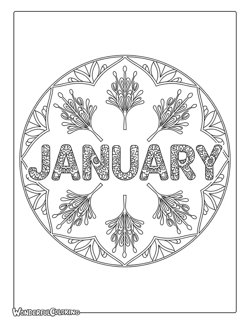 January mandala typography coloring page with symmetrical patterns and winter details