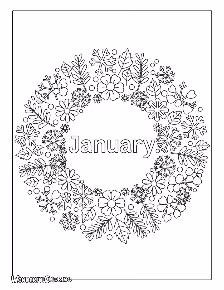 January nature mandala coloring page with leaves, snowflakes, and floral symmetry