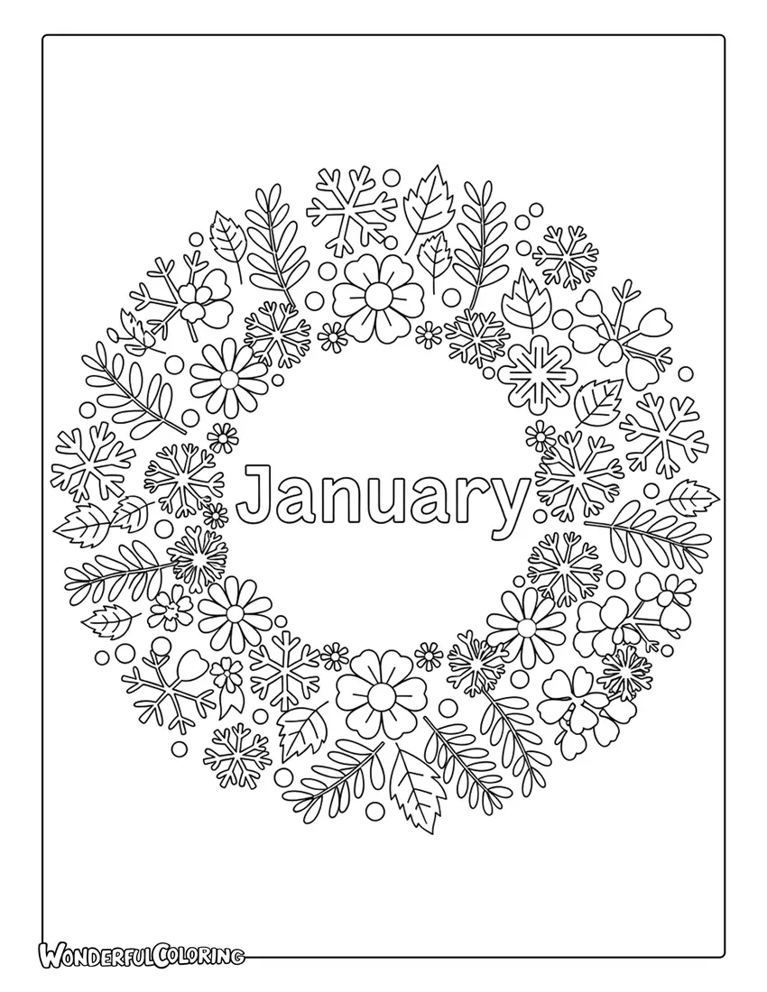 January nature mandala coloring page with leaves, snowflakes, and floral symmetry