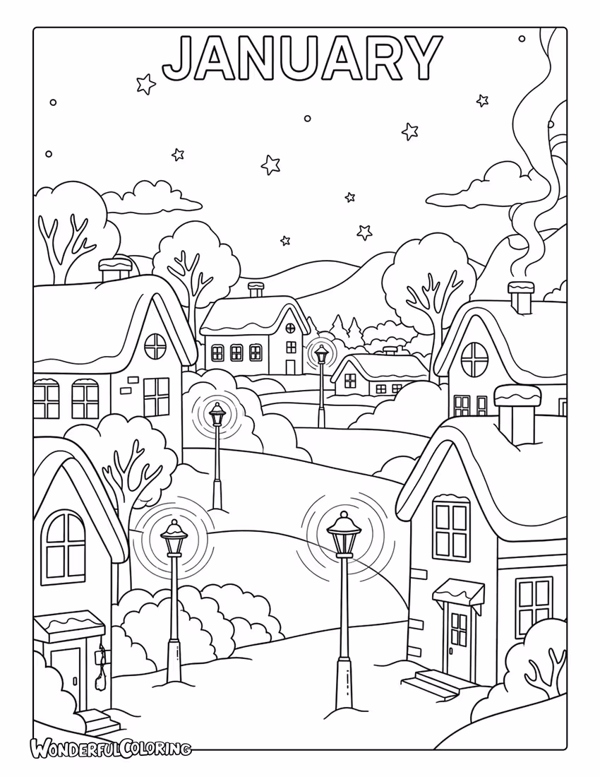 January night snowy town coloring page with glowing streetlights and starry winter sky