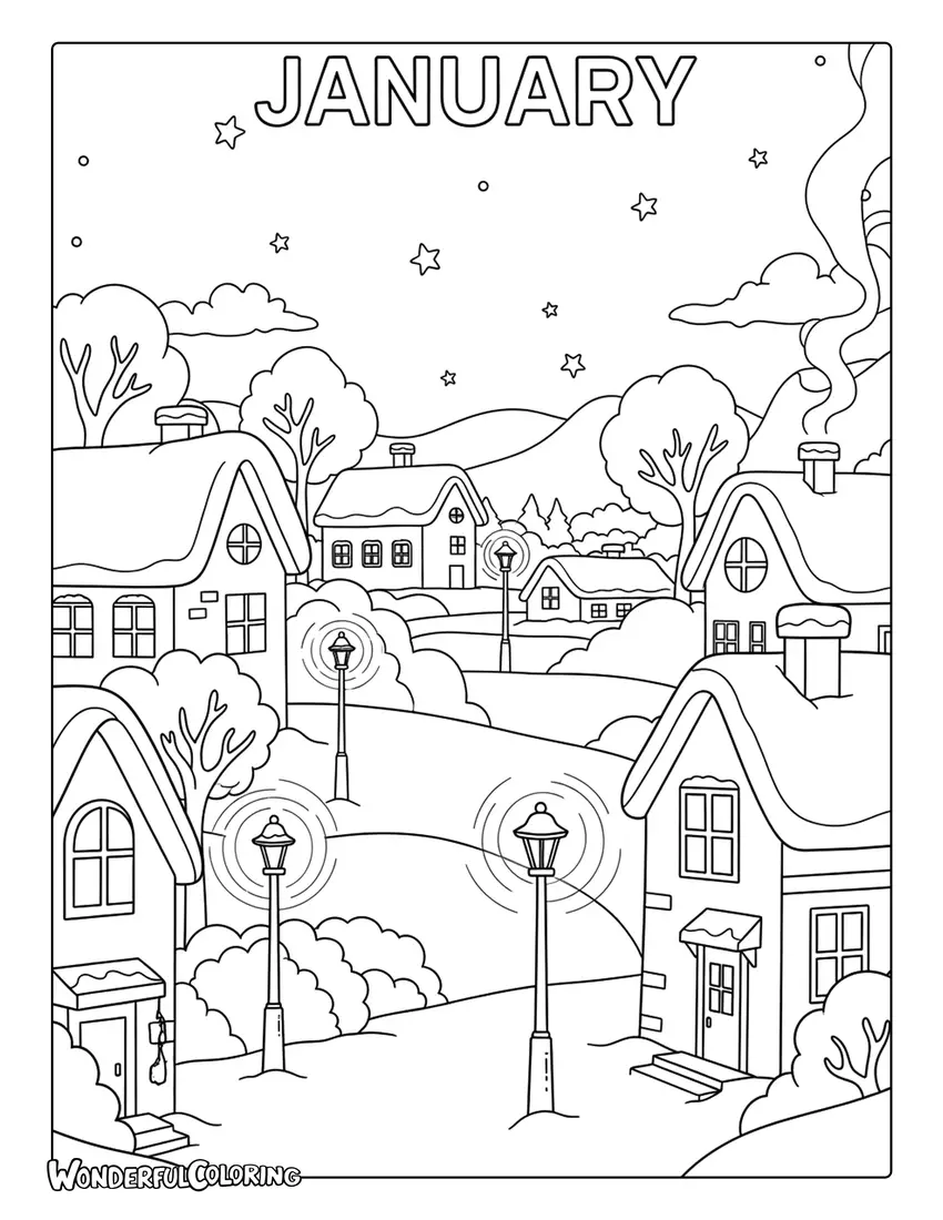 January night snowy town coloring page with glowing streetlights and starry winter sky