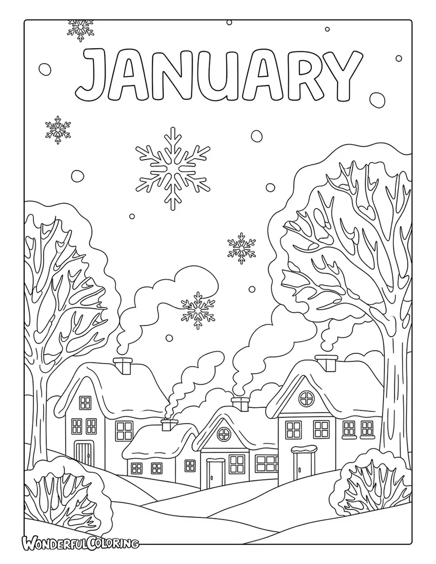 January winter village scene coloring page with snow-covered houses, trees, and falling snow