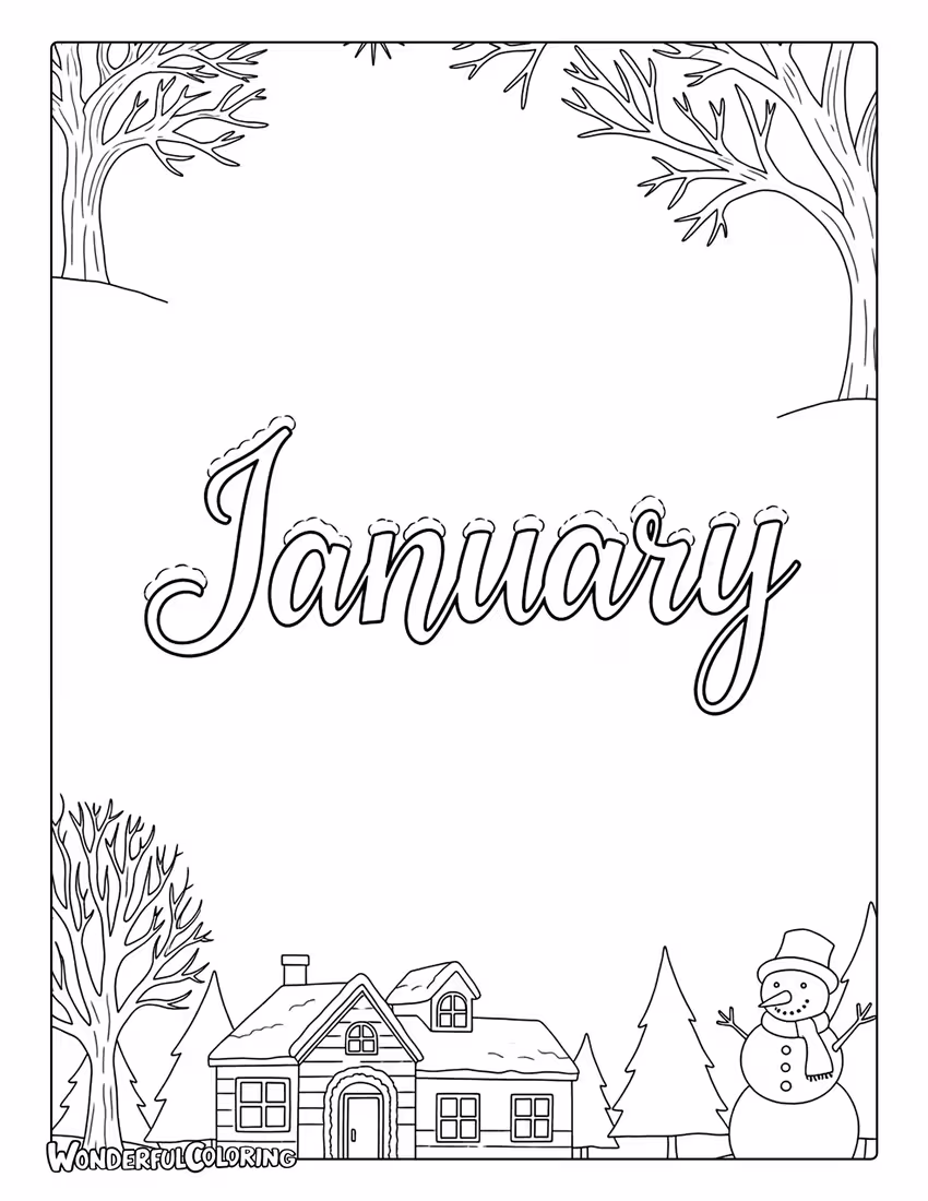 January text coloring page with house, snowman, and trees