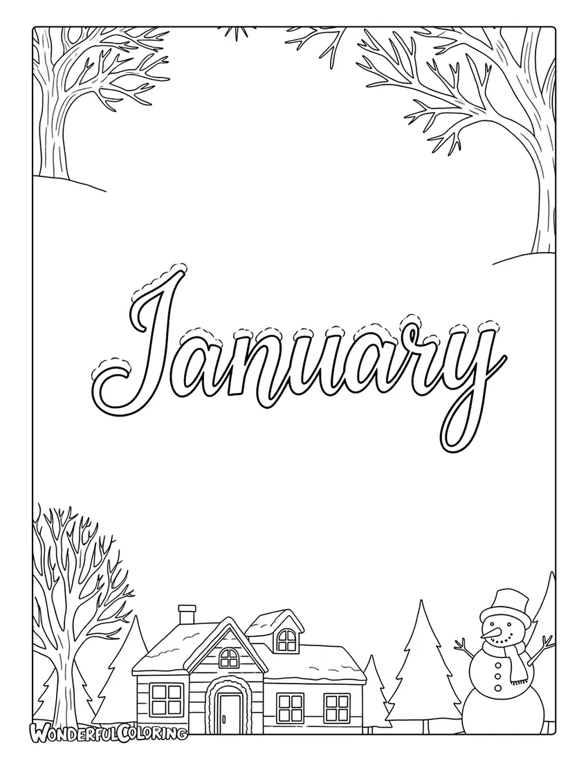 January text coloring page with house, snowman, and trees
