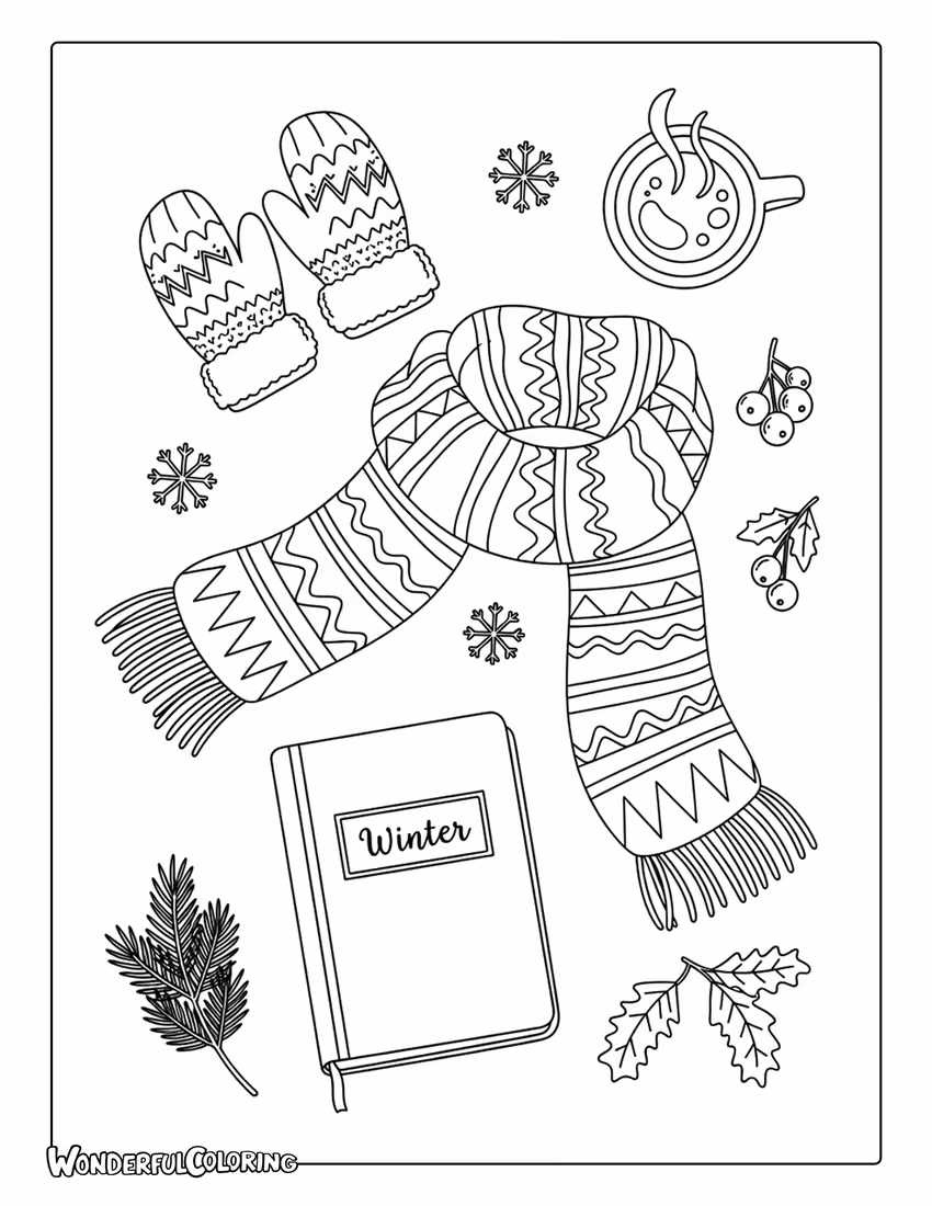 January winter flat lay coloring page with gloves, scarf, planner, and coffee cup