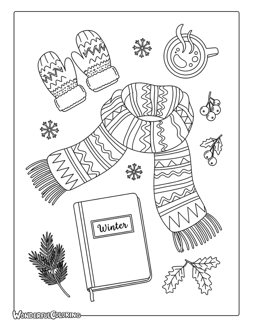 January winter flat lay coloring page with gloves, scarf, planner, and coffee cup