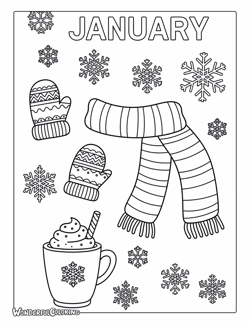 January winter pattern coloring page with snowflakes, mittens, scarves, and hot cocoa icons