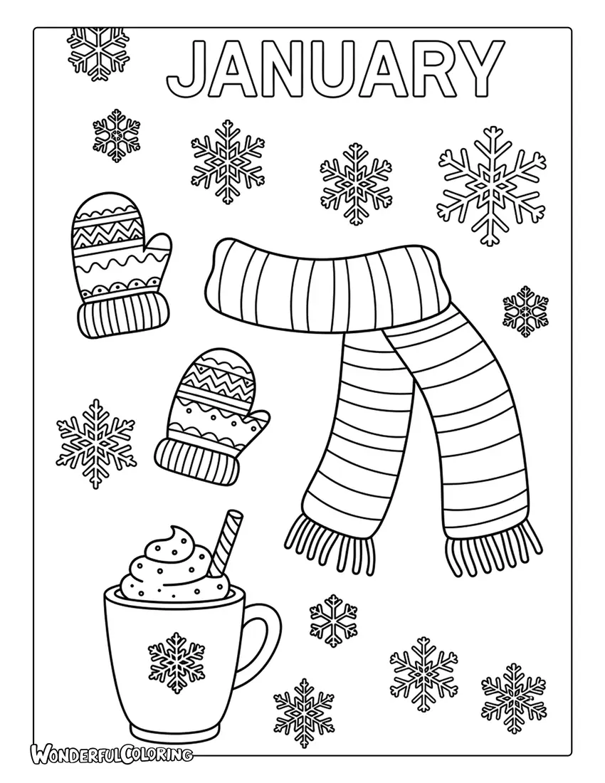 January winter pattern coloring page with snowflakes, mittens, scarves, and hot cocoa icons