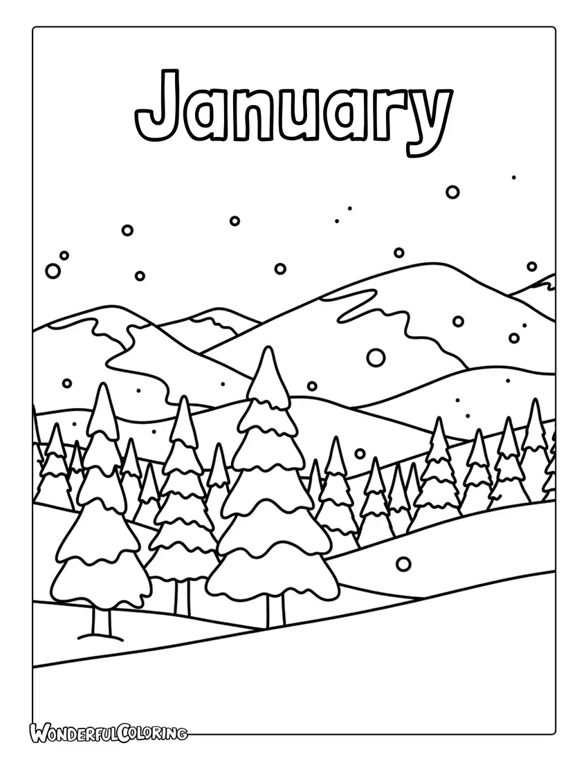 January landscape coloring page with snowy mountains and pine forests