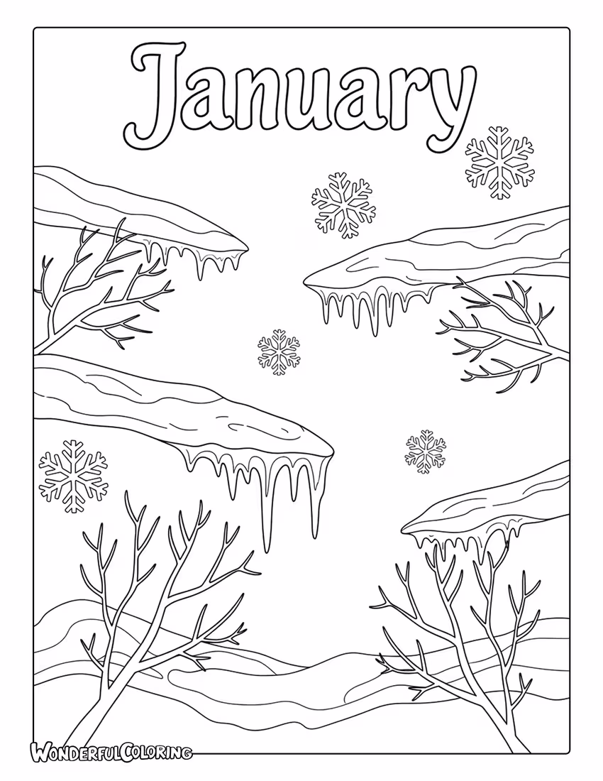 January Winter Frost and Snowflakes Coloring Page