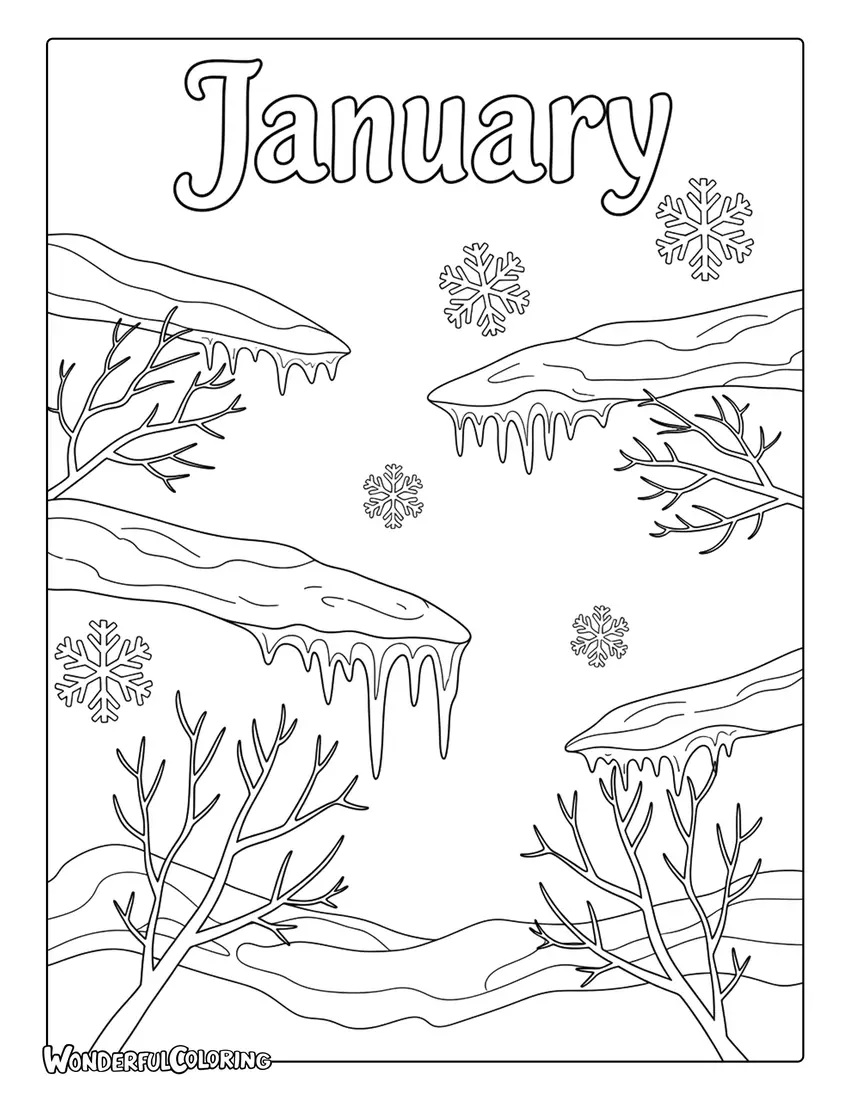 January Winter Frost and Snowflakes Coloring Page