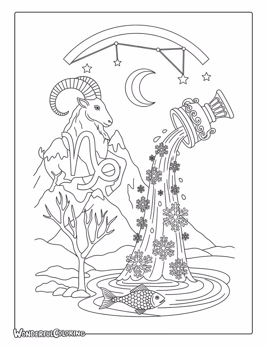 January zodiac coloring page with Capricorn and Aquarius symbols and winter elements