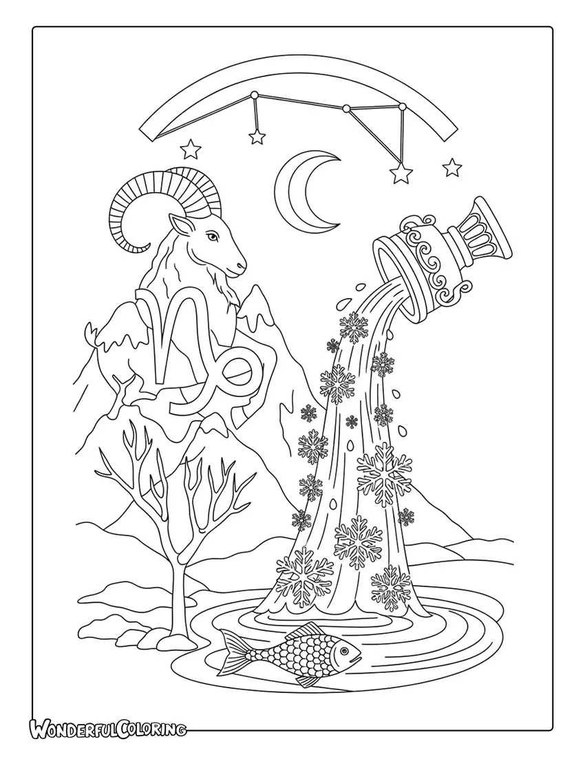 January zodiac coloring page with Capricorn and Aquarius symbols and winter elements