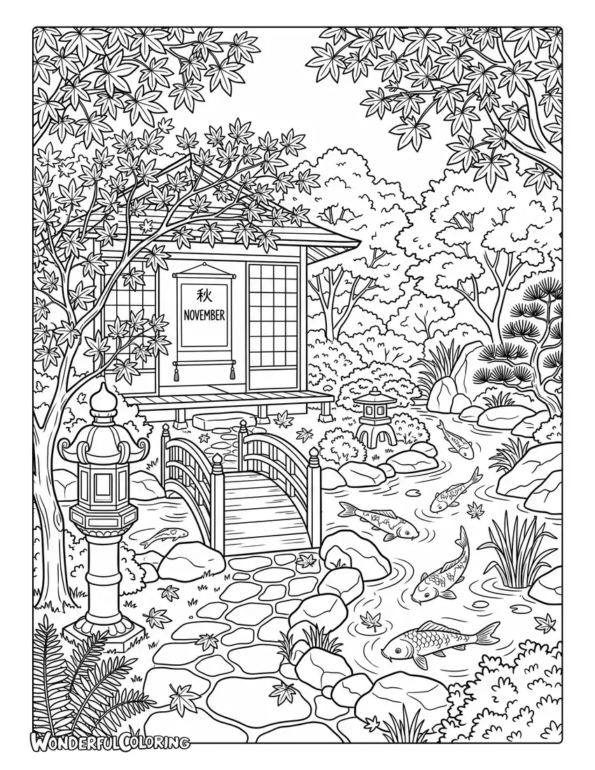 November Japanese garden coloring page with red maple leaves, stone lanterns, koi pond, and hanging scroll