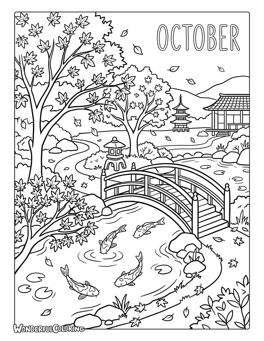Japanese maple garden coloring page with red trees, wooden bridge, koi pond, and falling leaves