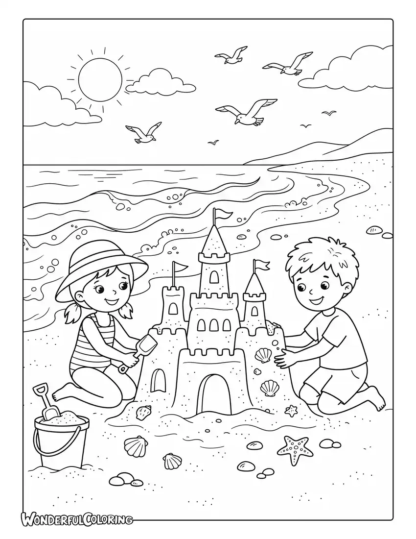 July beach sandcastle coloring page with seashells and waves