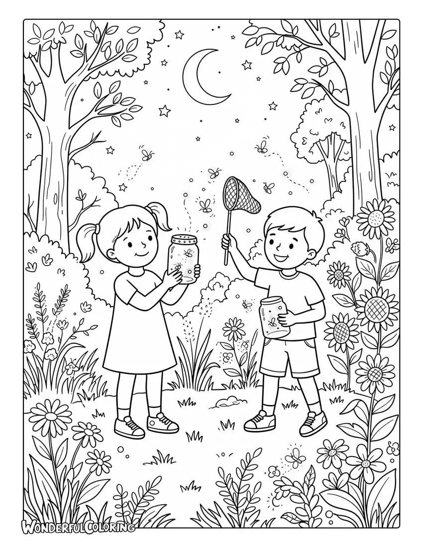 Children catching fireflies July coloring page at night