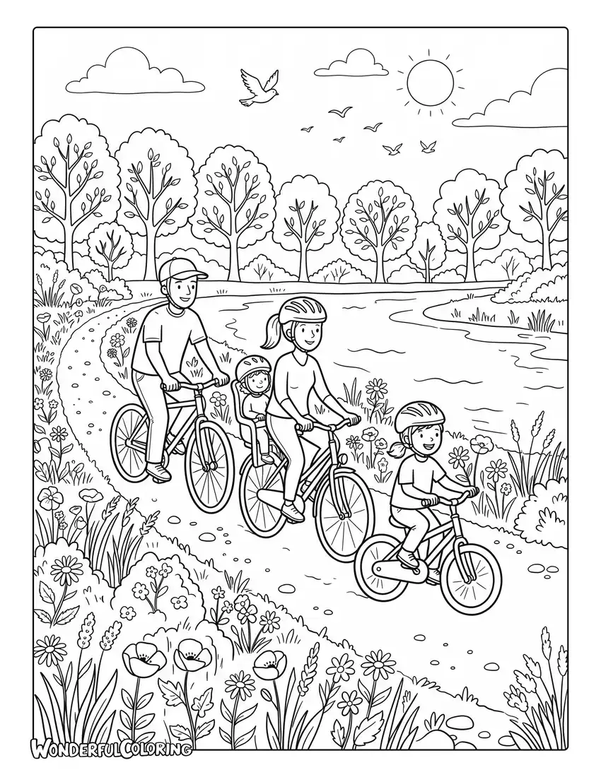 July family bicycle ride coloring page by riverside trail