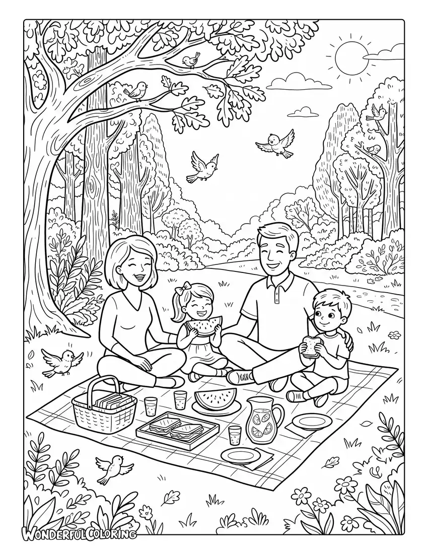 July family picnic in the park coloring page with watermelon and lemonade