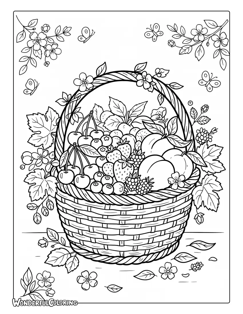 July summer fruit basket coloring page with peaches and berries