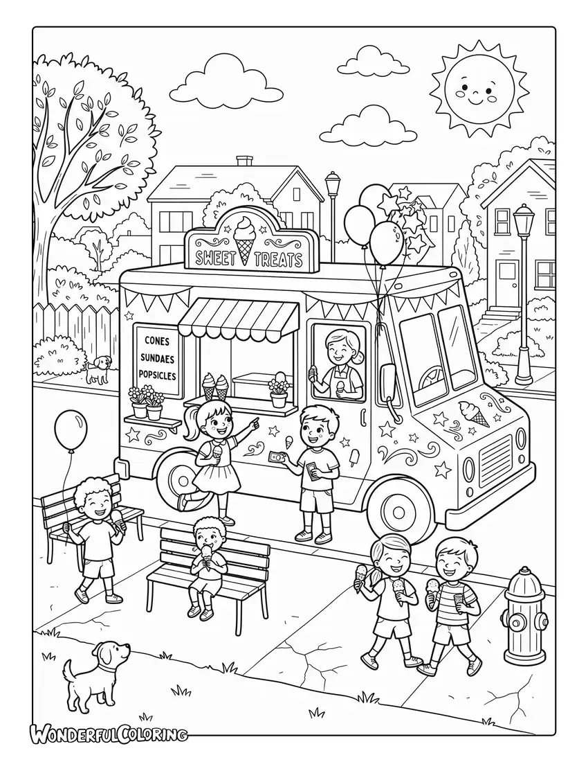 July ice cream truck coloring page with children and balloons
