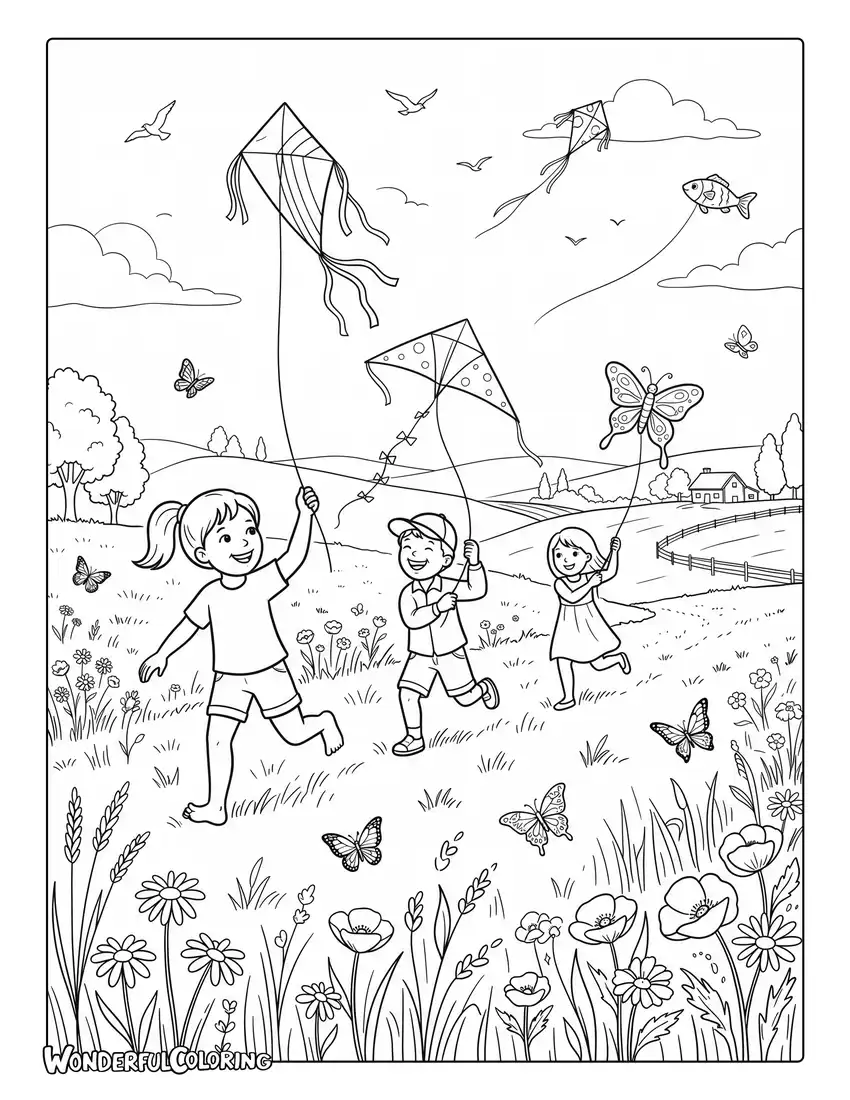 Children flying kites in July coloring page with wildflowers