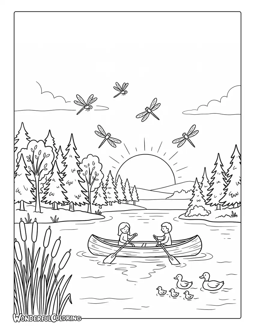 July canoe on lake sunset coloring page with ducks and dragonflies