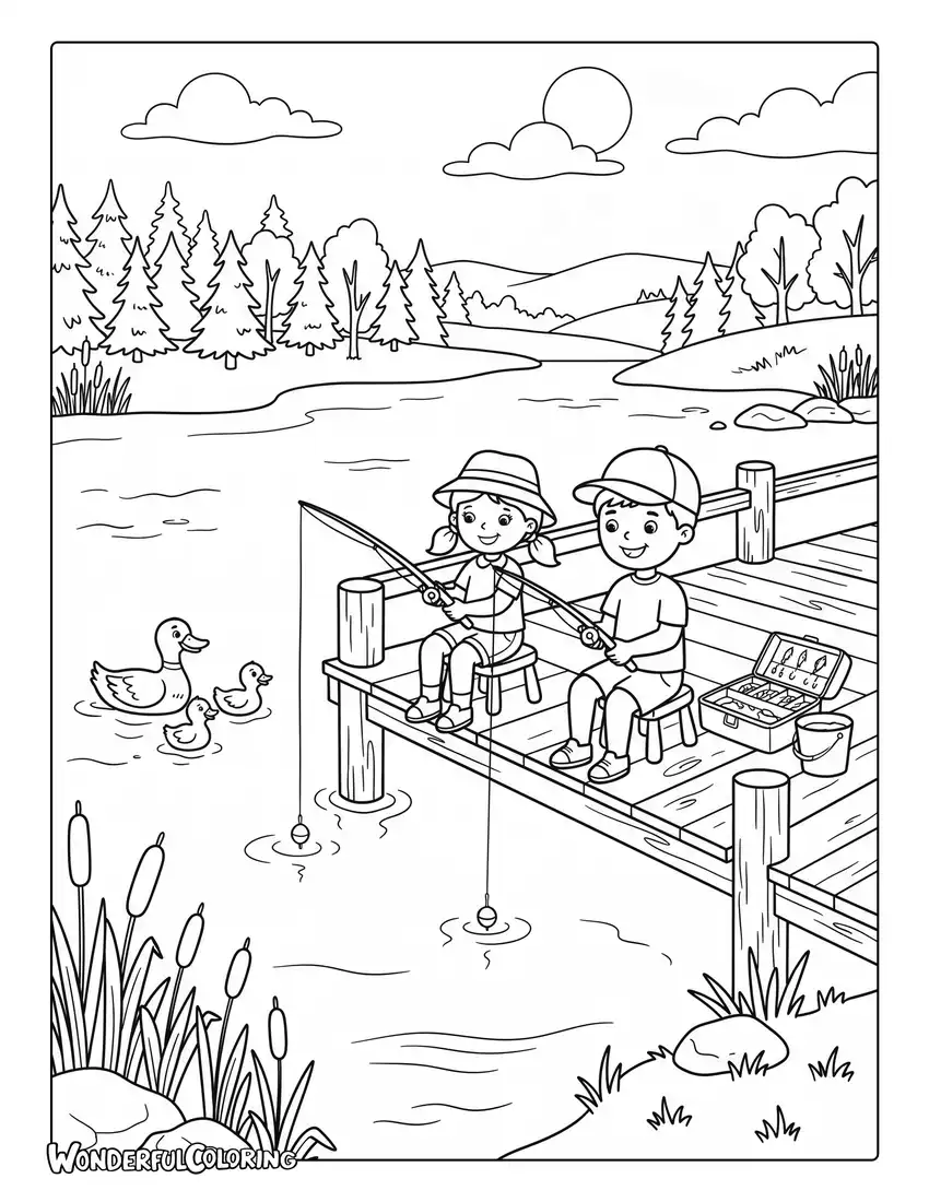 July fishing dock coloring page with ducks and lake